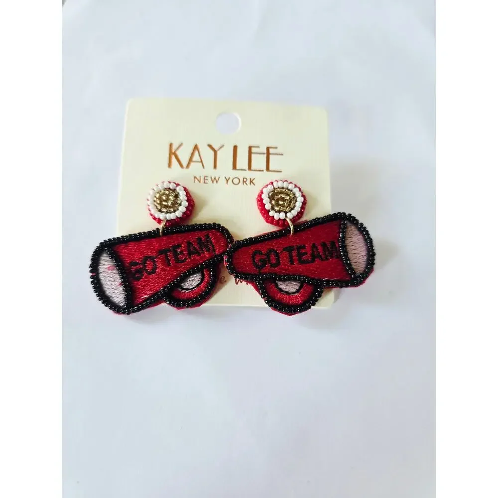 Kay Lee Red Magaphone Goe Team Read Earrings Beaded New